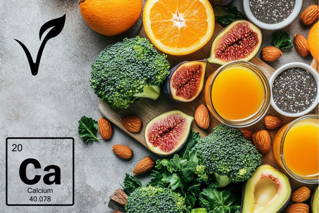 Et udvalg af veganske calciumkilder, herunder broccoli, appelsiner, figner, mandler, chiafrø og juice.