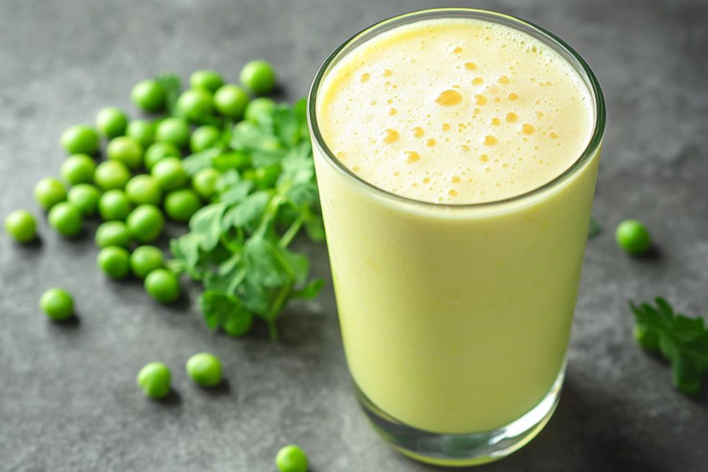 Gul proteinshake med grønne ærter ved siden af.