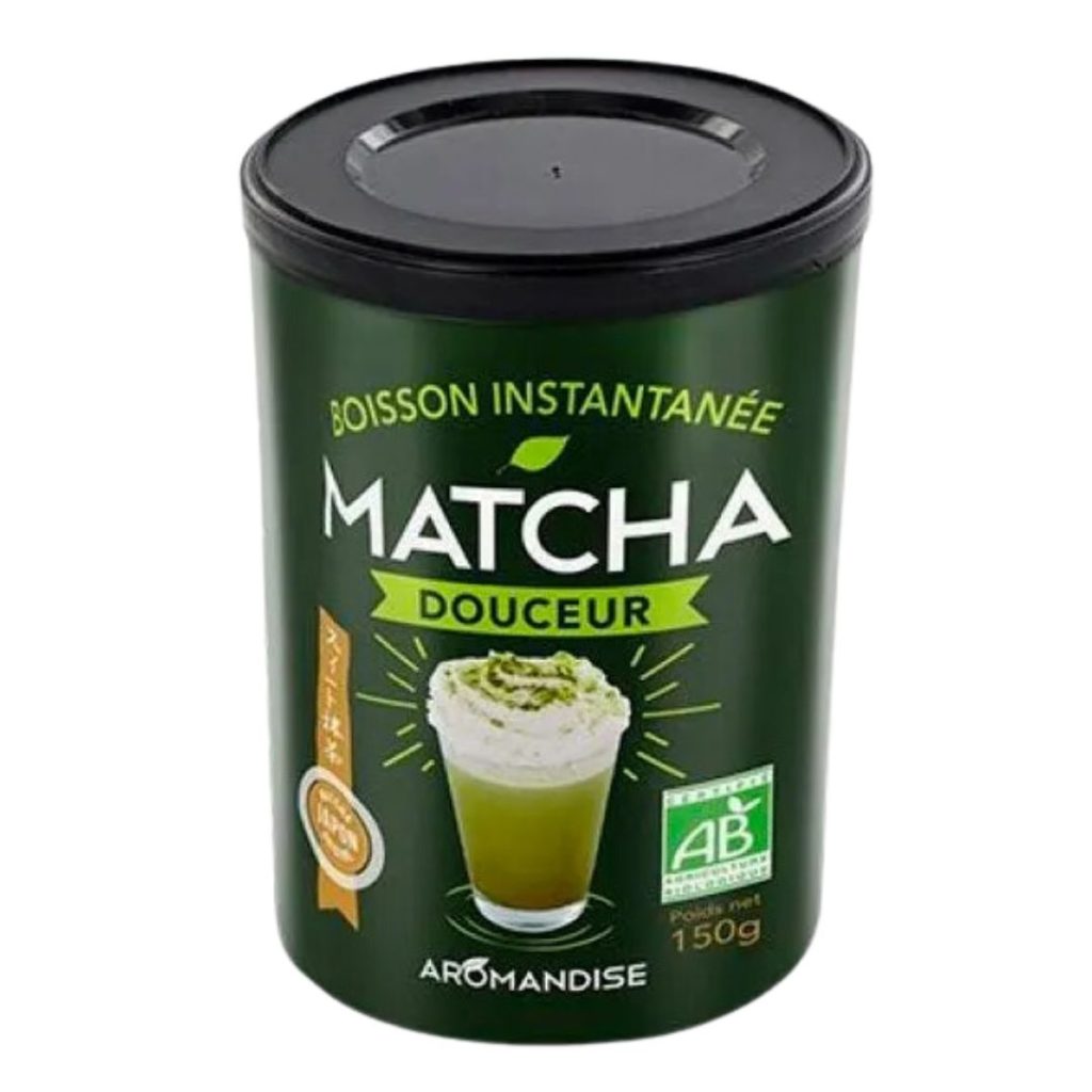 Aromandise Matcha Instant Latte Ø i en genkendelig dåse med latte-farver.