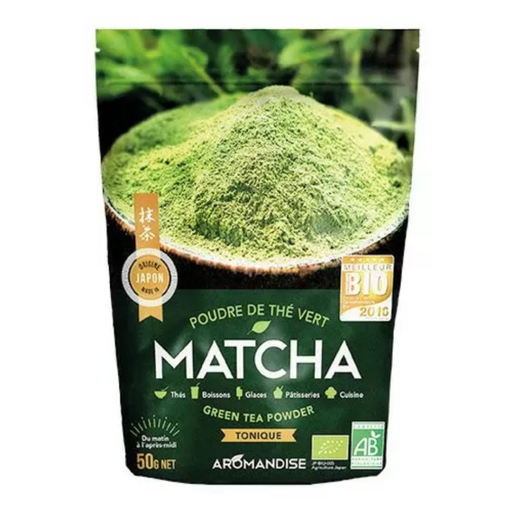 Aromandise Matcha Te Øko i en elegant dåse med grøn etikette.