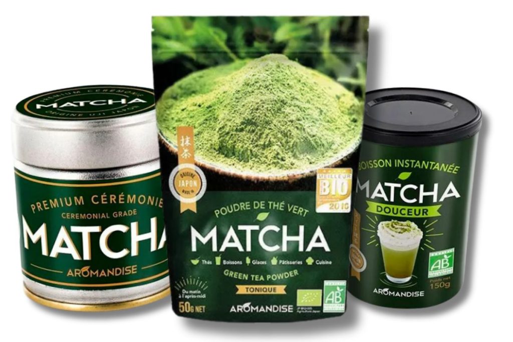 Tre forskellige typer matcha te fra Aromandise: Ceremonial Grade, Green Tea Powder og Instant Latte.