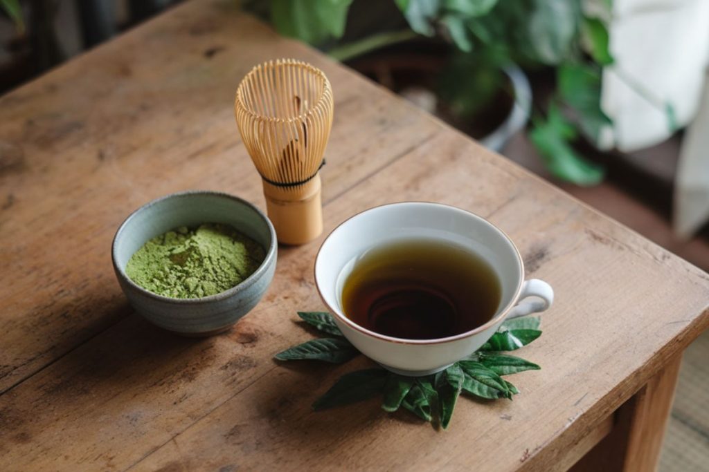 Traditionel matcha te med bambus piskeris og grøn te pulver på et træbord.