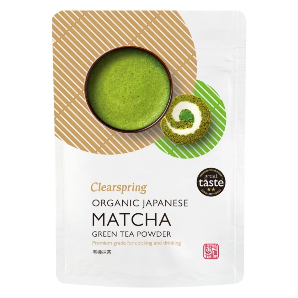 Billede af Clearspring Matcha Grøn Te Øko i en lille metalbeholder.