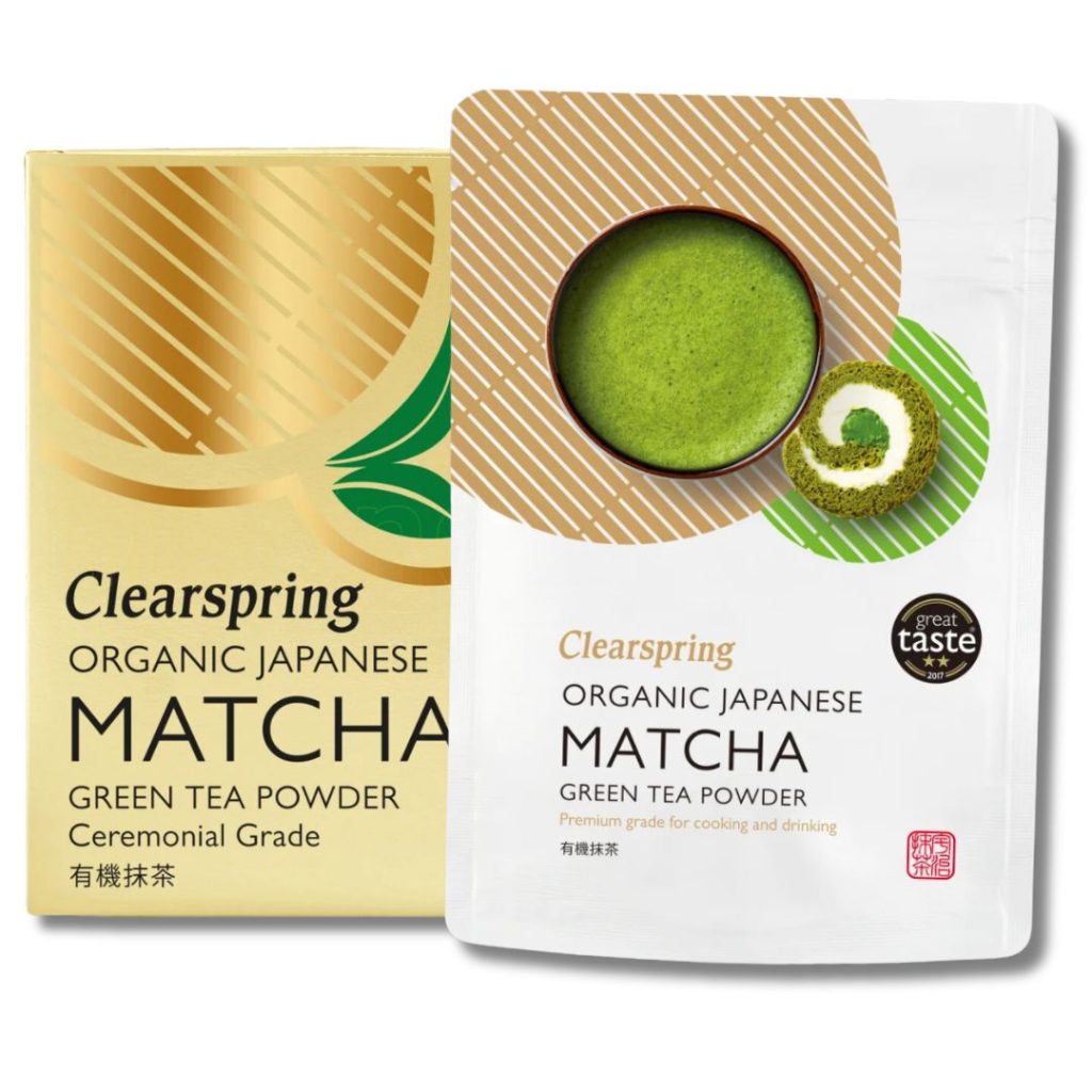 To pakker Clearspring Organic Japanese Matcha tepulver i ceremoniel og premium kvalitet.