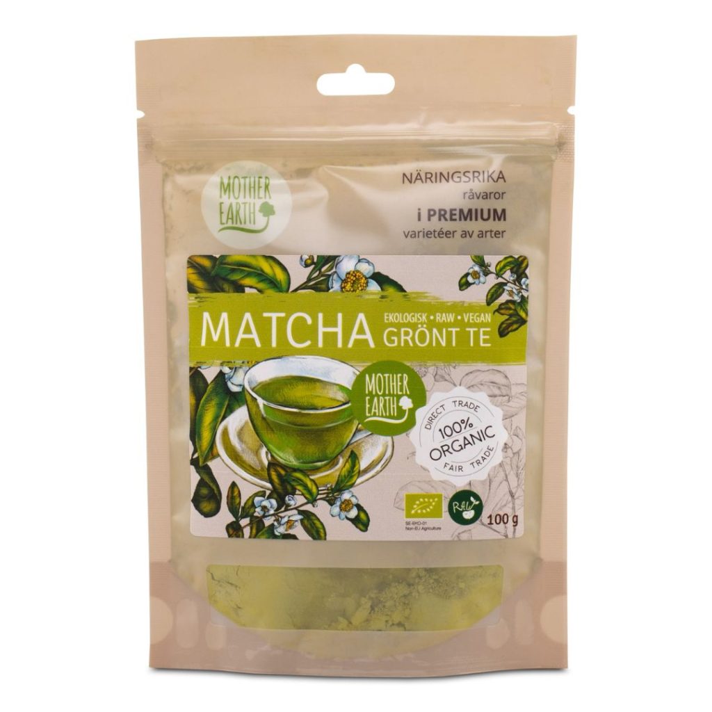 Mother Earth Matcha ØKO i en enkel dåse med naturinspireret etikette.