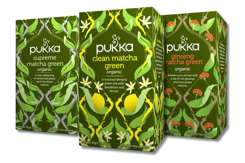 Tre varianter af Pukka matcha te: Supreme Matcha Green, Clean Matcha Green og Ginseng Matcha Green.