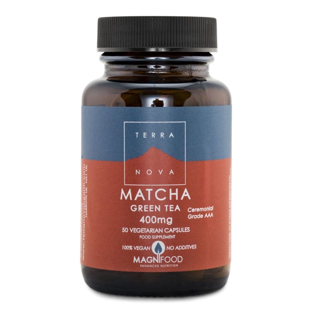 Terranova Matcha Green Tea i en stilfuld brun dåse med grøn etiket.