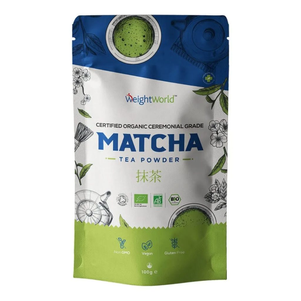 Billede af WeightWorld Grøn Matcha Te Pulver i en pose med grønne farver og et teblad.