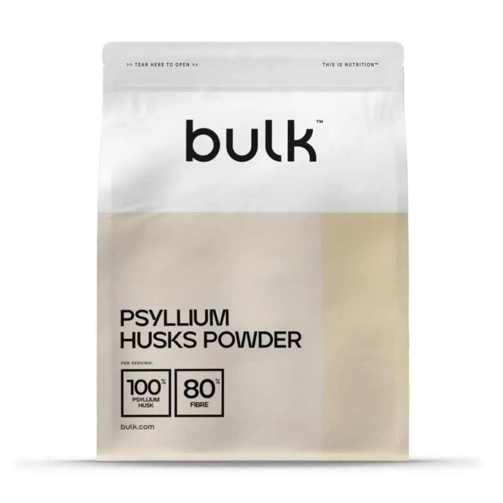Bulk Psyllium Husk Pulver pakket i en 80% fiberpose.