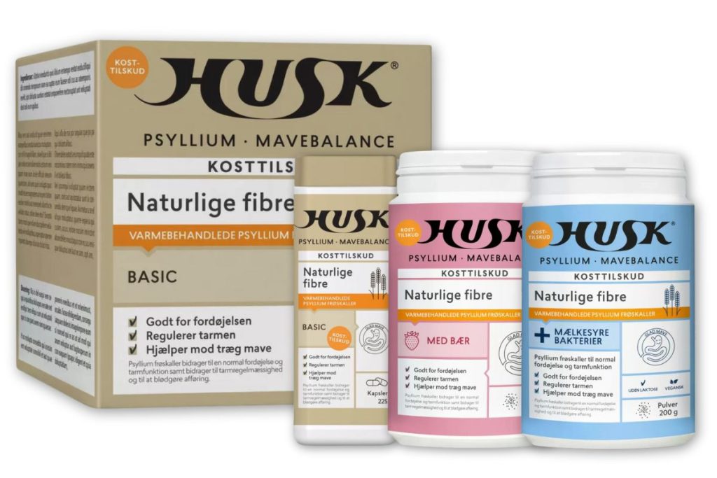 HUSK produkter med naturlige fibre, herunder basis, med bær og med mælkesyrebakterier.