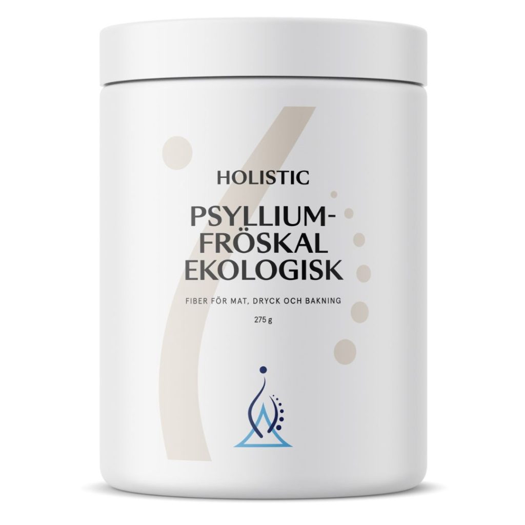 Holistic økologiske psylliumfrøskaller i en 275 g beholder.