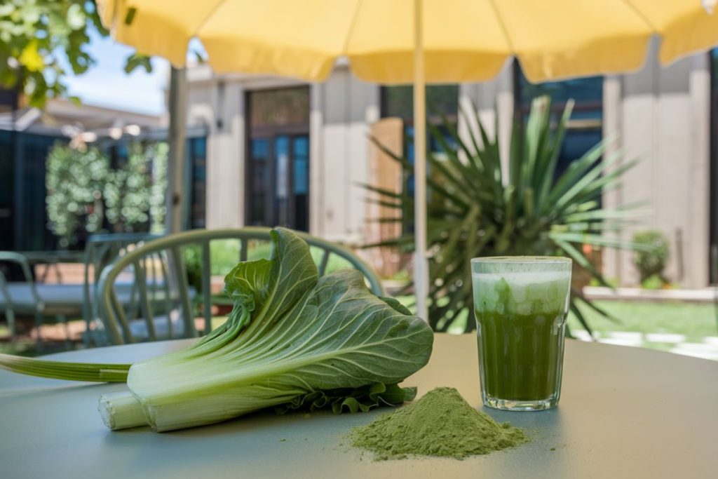 Grøn superfood-pulver og en grøn smoothie på et bord under en parasol.