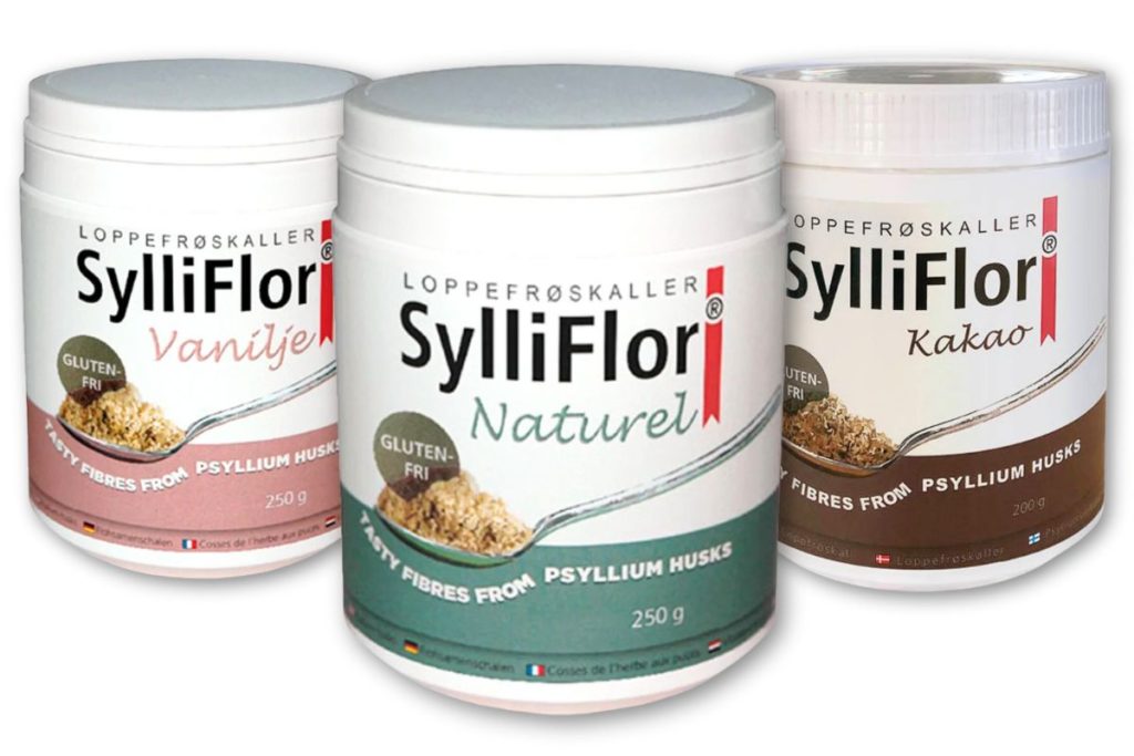 Tre varianter af SylliFlor loppefrøskaller i smagsvarianterne vanilje, naturel og kakao.