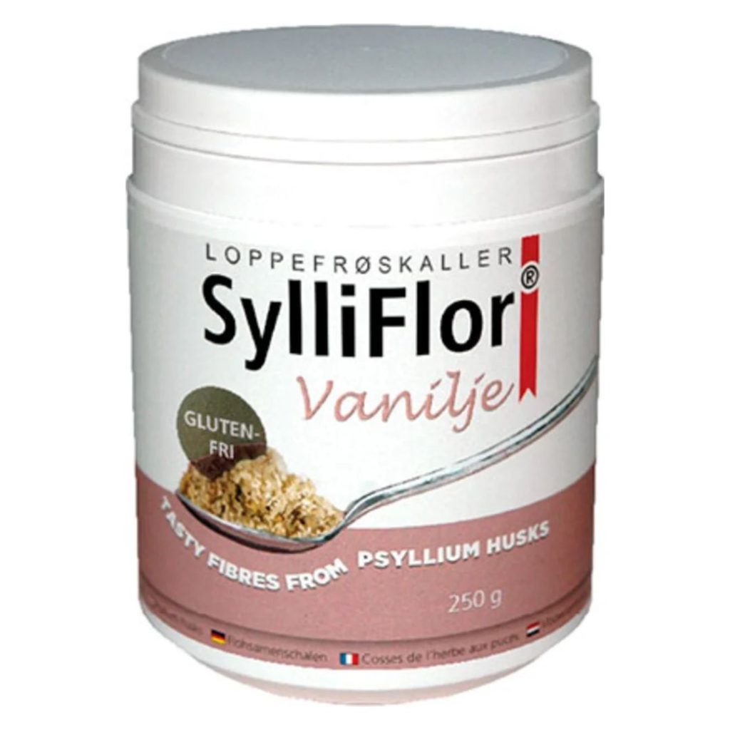 SylliFlor Vanilje loppefrøskaller i en hvid beholder med rød og grå tekst.