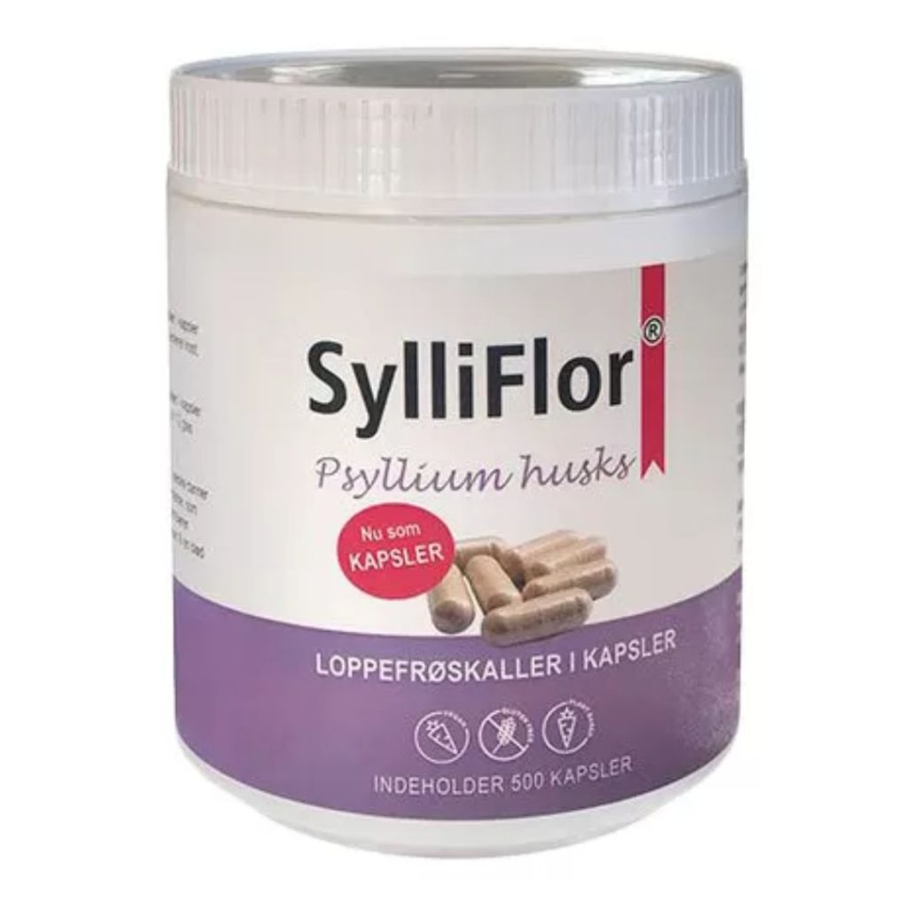 SylliFlor psyllium husk kapsler i en hvid beholder med lilla detaljer.
