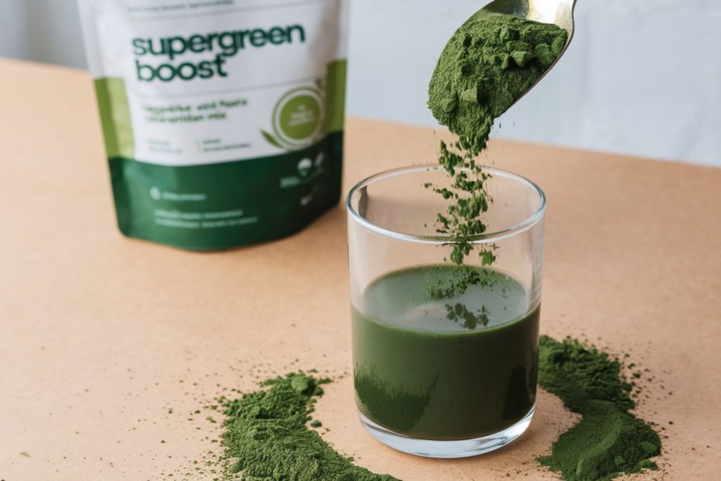 Supergreen Boost pulver bliver tilsat i et glas vand for en næringsrig drik.