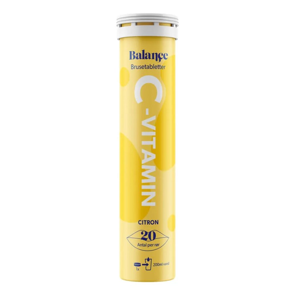 Balance C-vitamin brusetabletter i en gul emballage med citrondesign.
