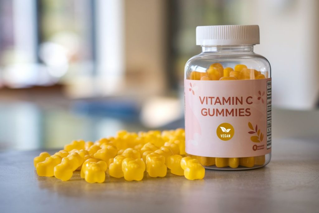 Flaske med vitamin C gummies spredt på bordet.