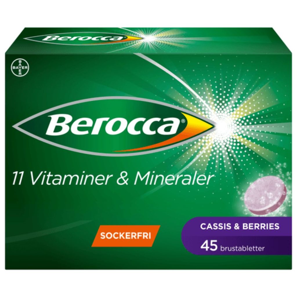 Berocca Energy med 11 vitaminer og mineraler, præsenteret i en grøn pakke.