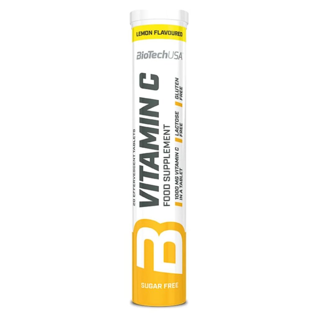 BioTechUSA Vitamin C brusetabletter i en hvid og gul emballage med citronmotiv.