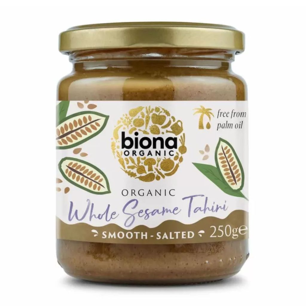 Et glas med Biona Organic Whole Sesame Tahini med salt, 250 g.