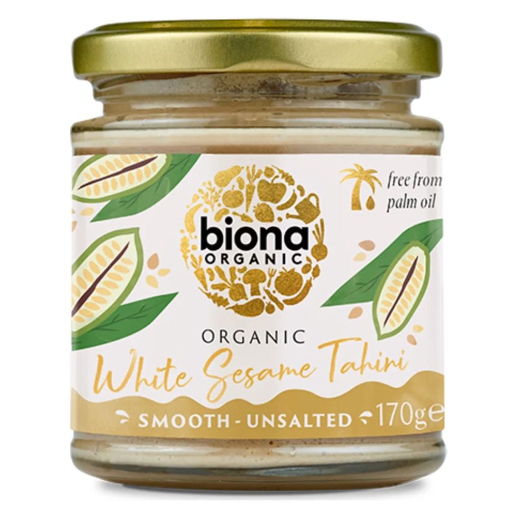 Et glas med Biona Organic White Sesame Tahini uden salt, 170 g.