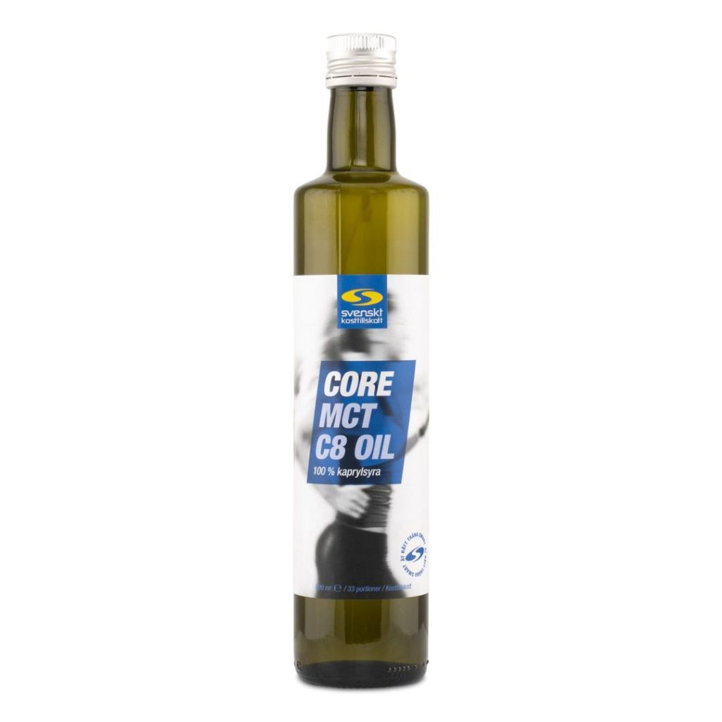 Flaske med Core C8 MCT Oil, 100 % kaprylsyre.