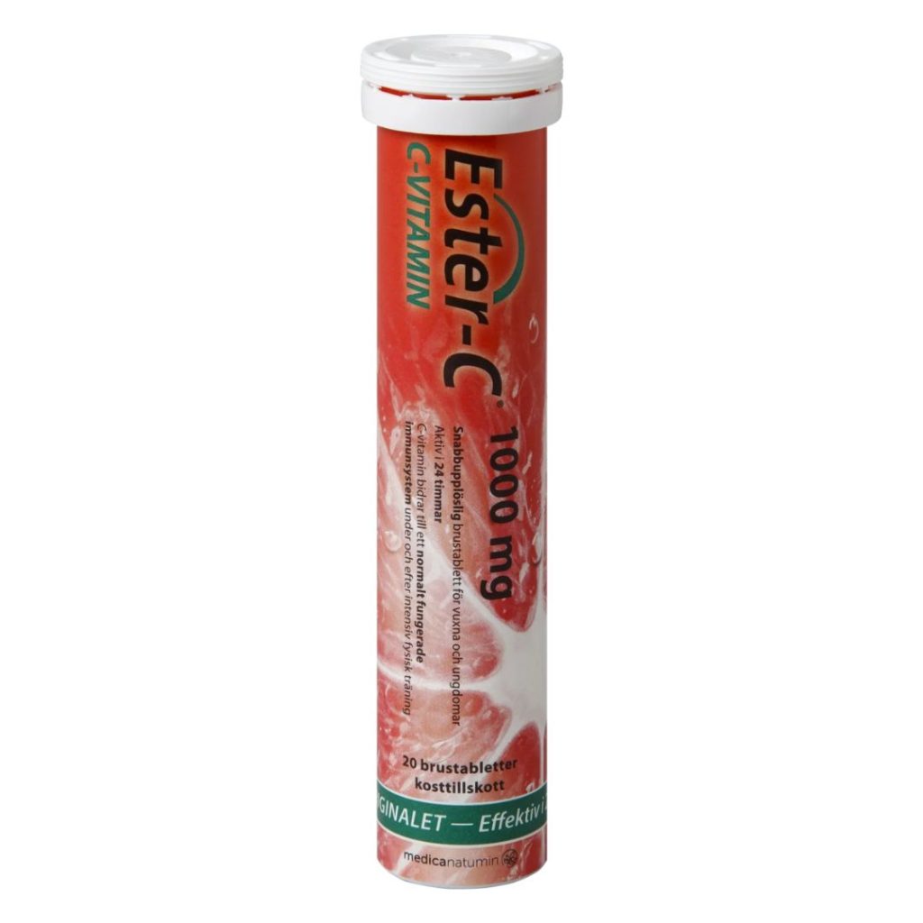 ESTER-C Brus 1000 mg brusetabletter i en rød emballage, med citrusillustrationer på etiketten.