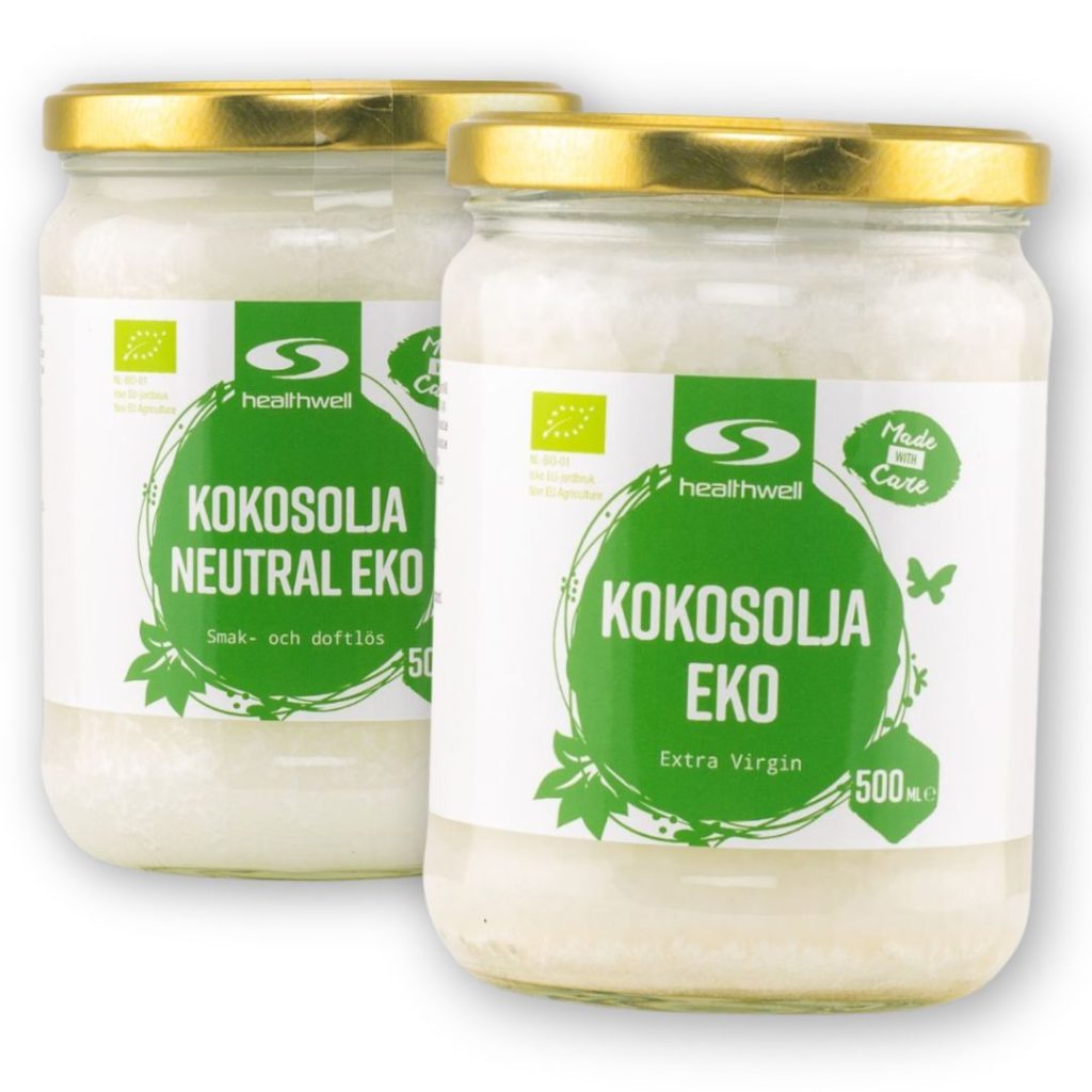 Healthwell kokosolie, neutral og ekstra jomfru.