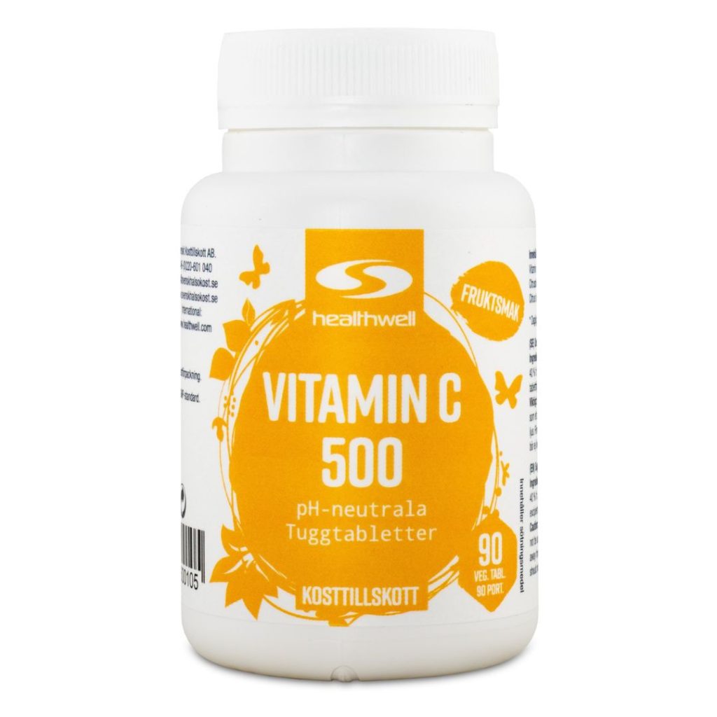Healthwell Vitamin C 500 tyggetabletter med frugtsmag i hvid beholder.