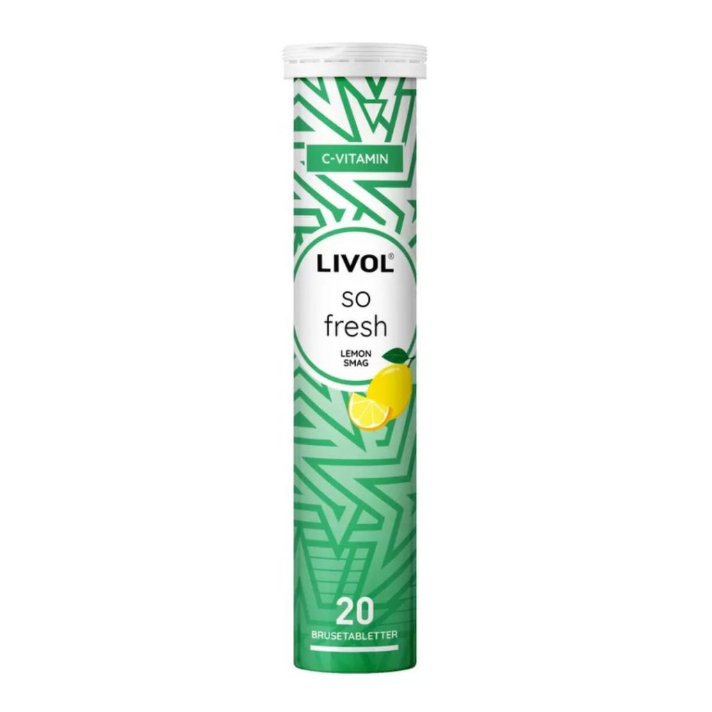 Livol So Fresh C-vitamin brusetabletter i en grøn emballage med citronmotiv.