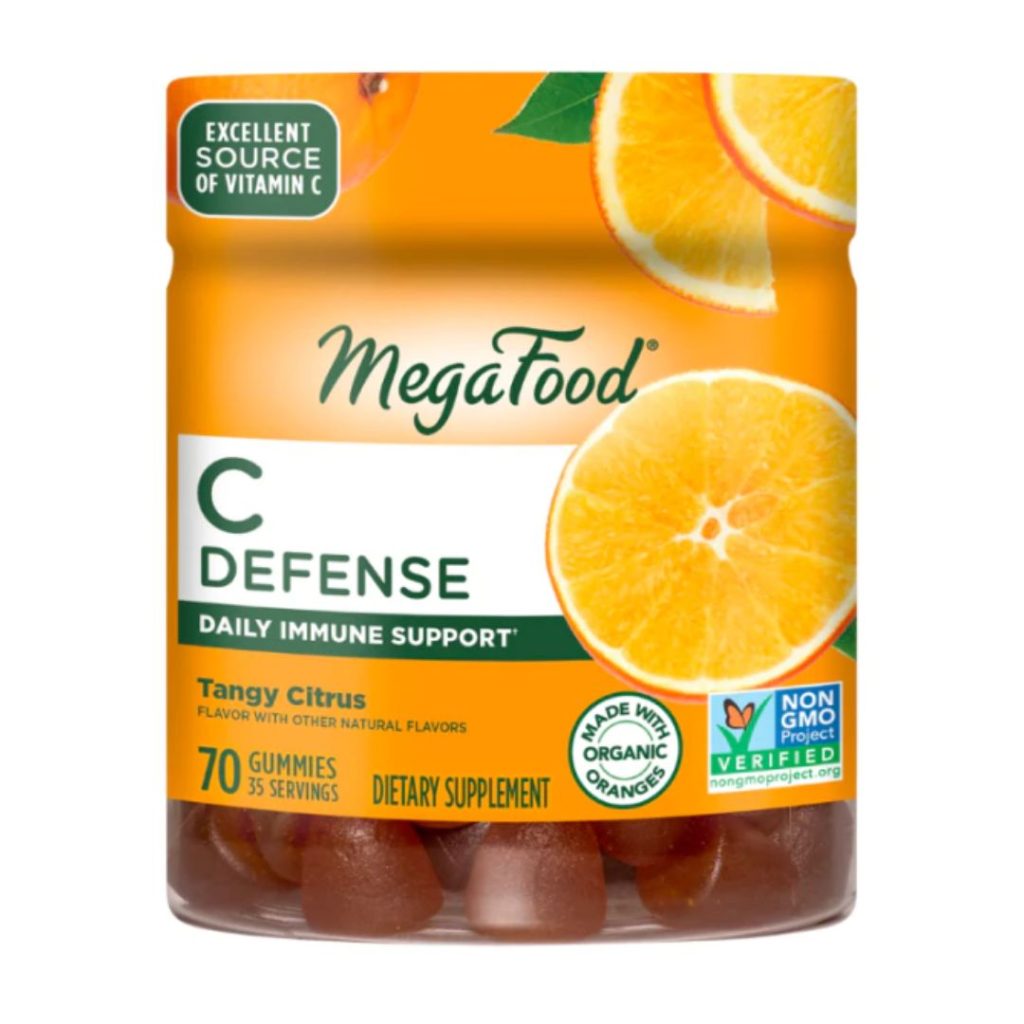 MegaFood Gummy C Defense med appelsinsmag i gennemsigtig beholder.