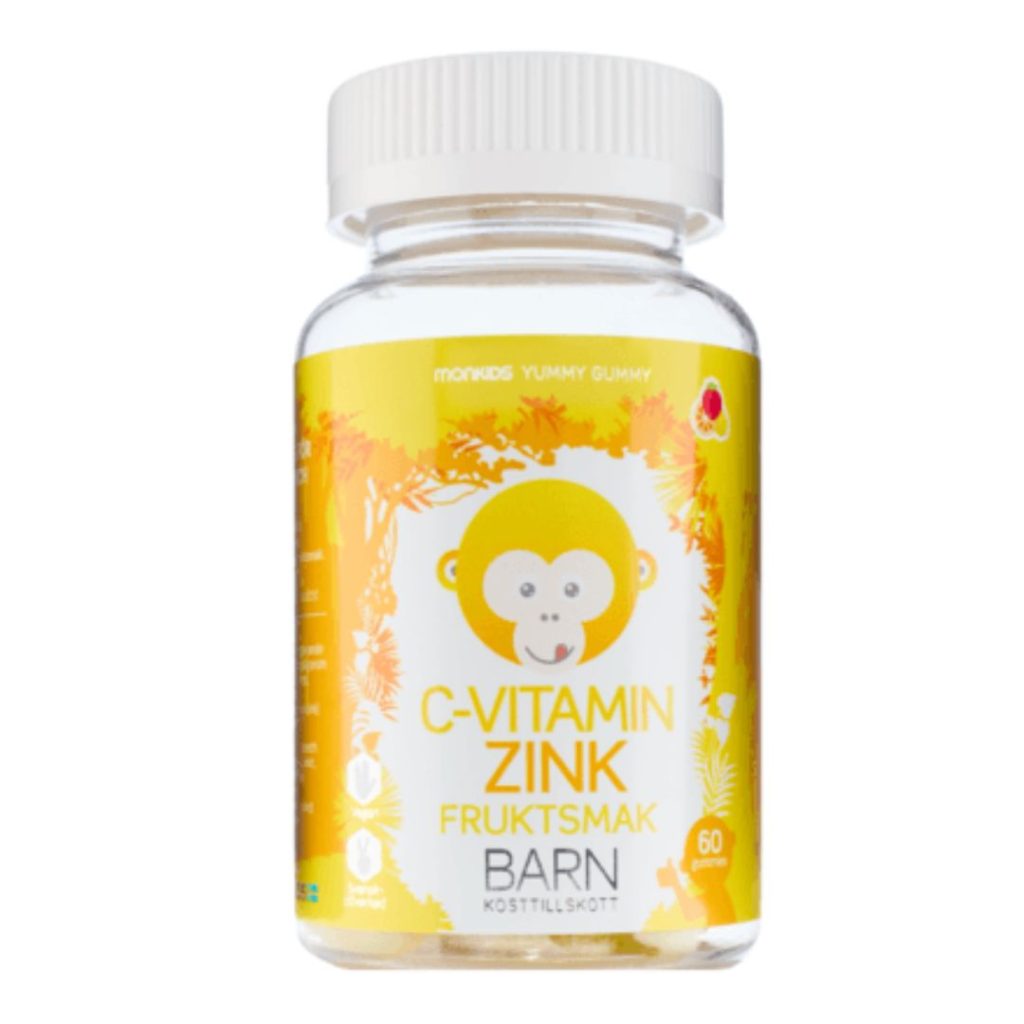 Monkids C-vitamin og zink gummies til børn med frugtsmag i gul beholder.