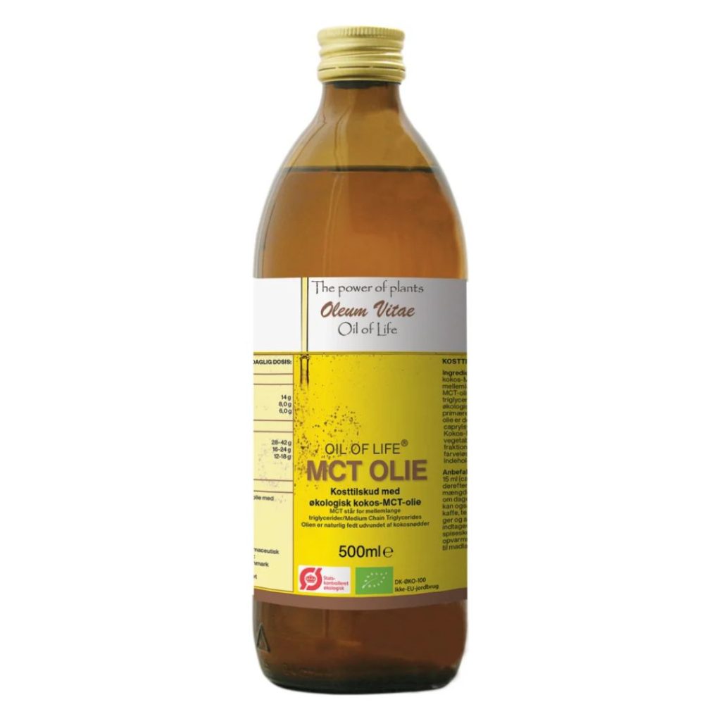 Flaske med Oil of Life MCT Olie Ø, 500 ml økologisk MCT-olie.