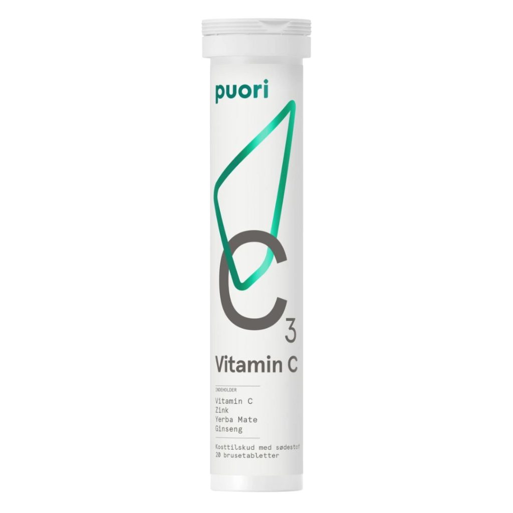 Puori C3 Vitamin C brusetabletter med zink, Yerba Mate og ginseng.