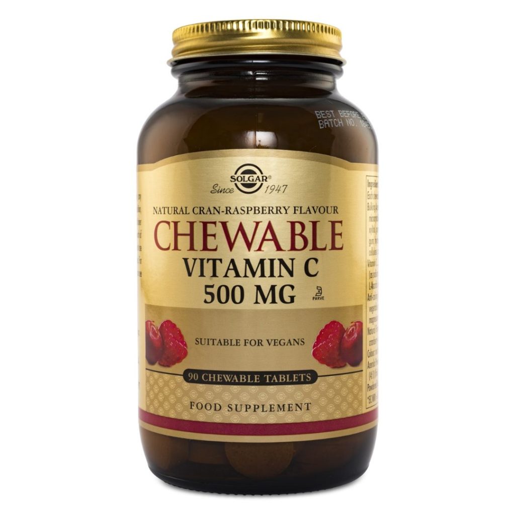 Solgar Chewable Vitamin C 500 mg tyggetabletter med tranebær- og hindbærsmag.