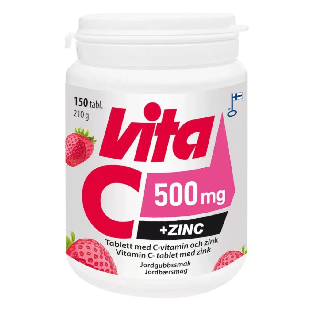 Vita C + Zinc med jordbærsmag i hvid beholder.