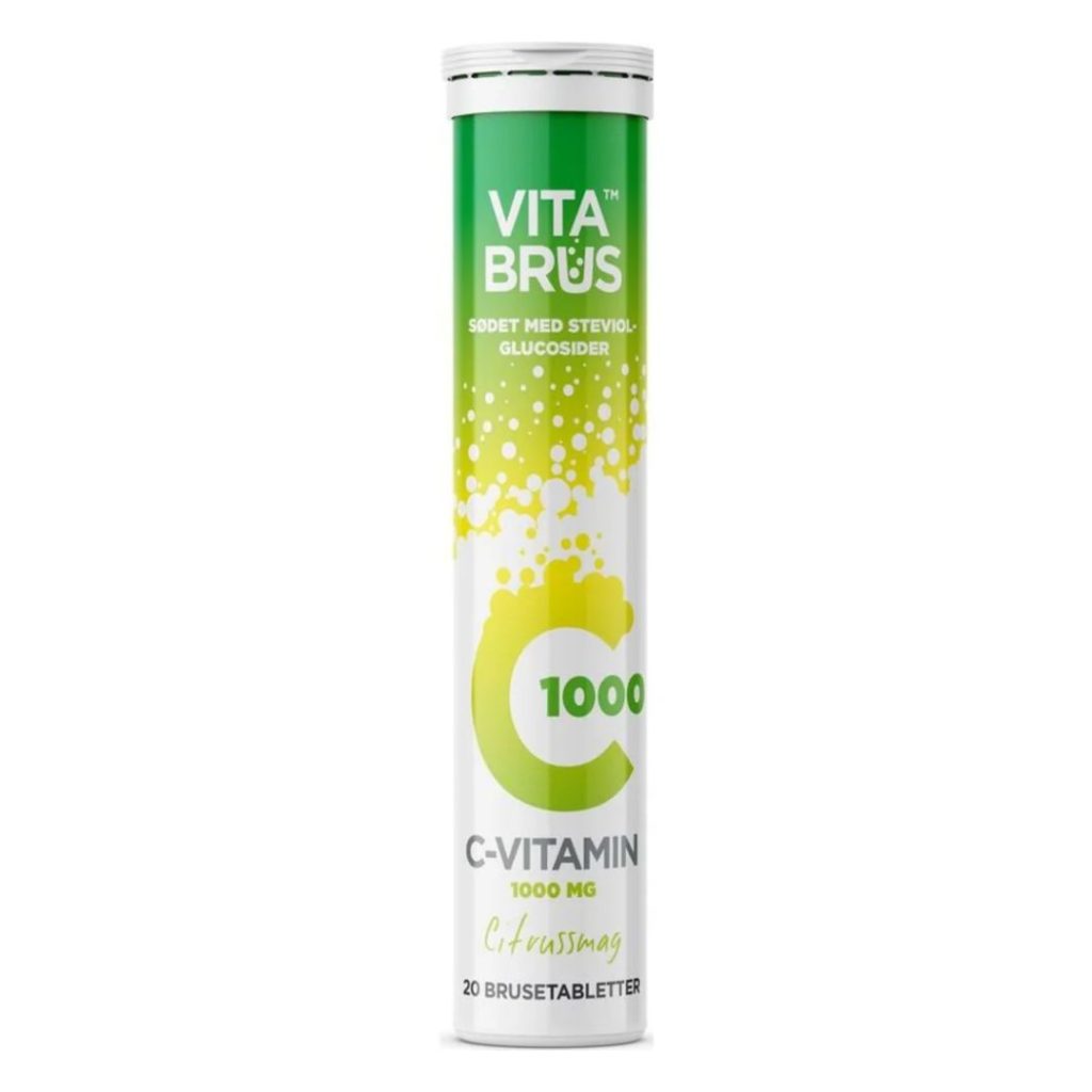 VitaBrus C-vitamin 1000 mg brusetabletter i en grøn og gul emballage med citrusdesign.