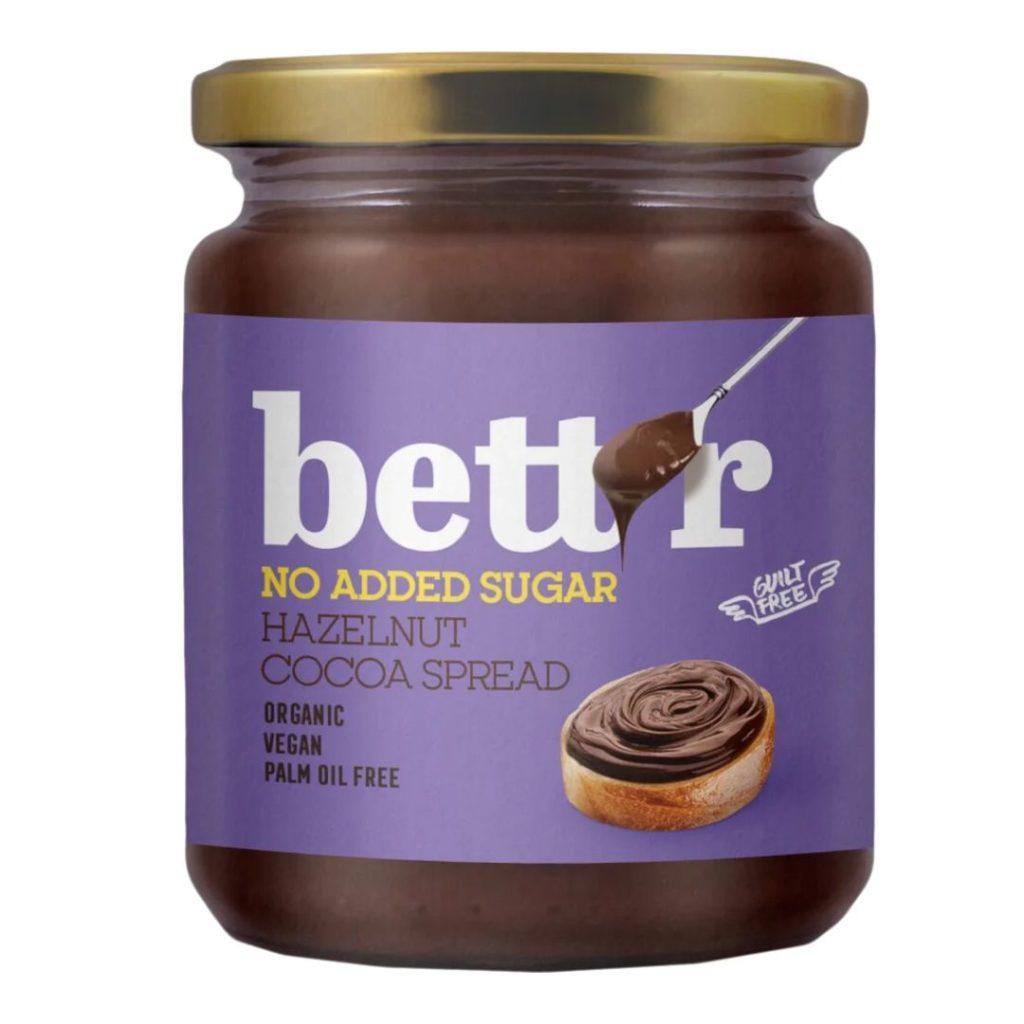 Glas med Bett'r smørepålæg i lilla etiket med teksten "No Added Sugar".