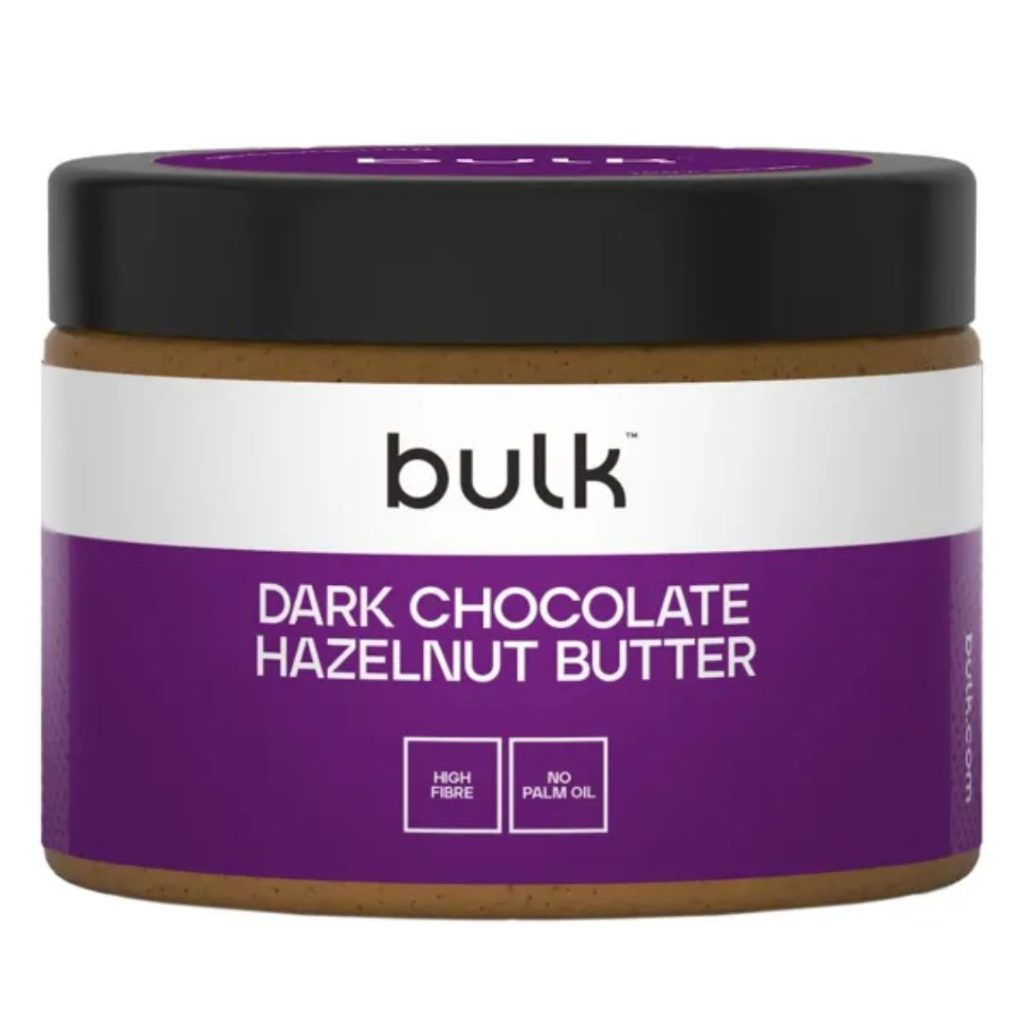 Bulk Dark Chocolate Hazelnut Butter med lilla etiket og sort låg.
