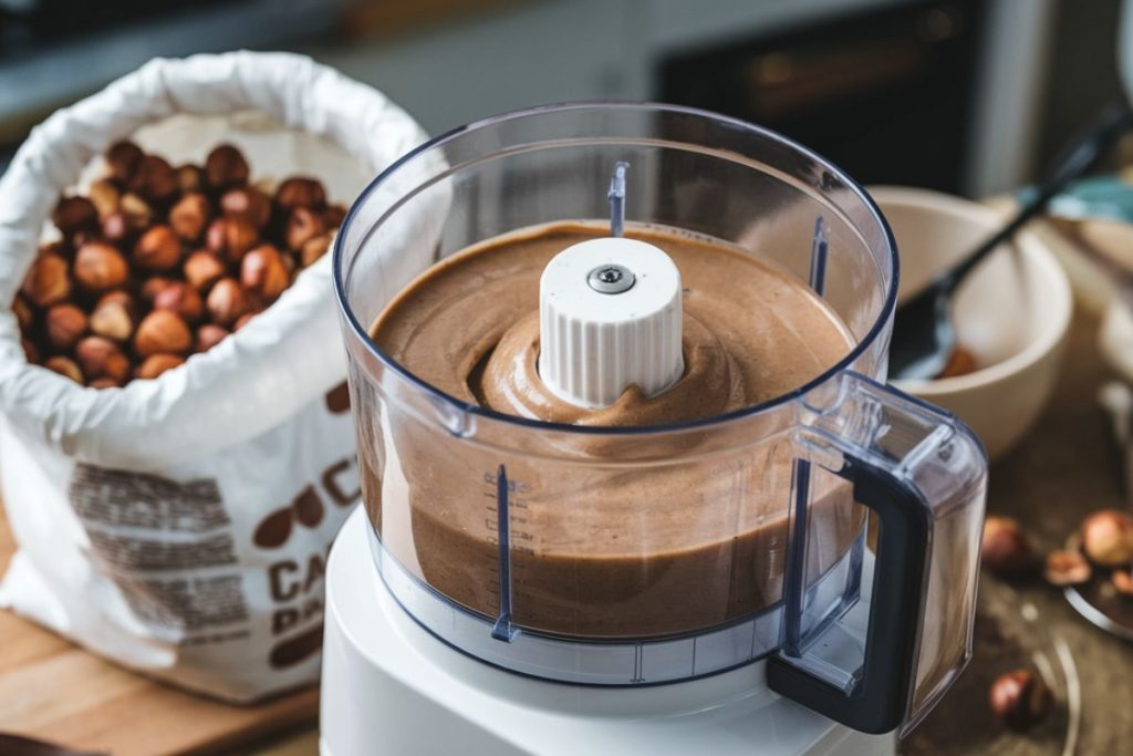 Foodprocessor med cremet hasselnøddesmør og en pose hele nødder i baggrunden.
