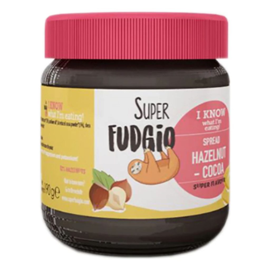 Glas med Super Fudgio smørepålæg med hasselnød og kakao, farverig etiket og pink låg.