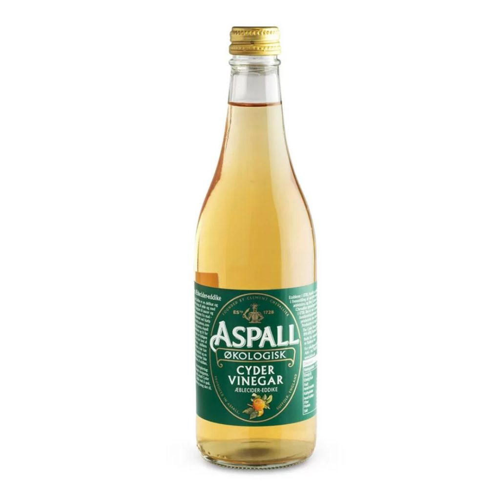 Aspall Økologisk Æblecidereddike i en klar glasflaske med grøn etiket.