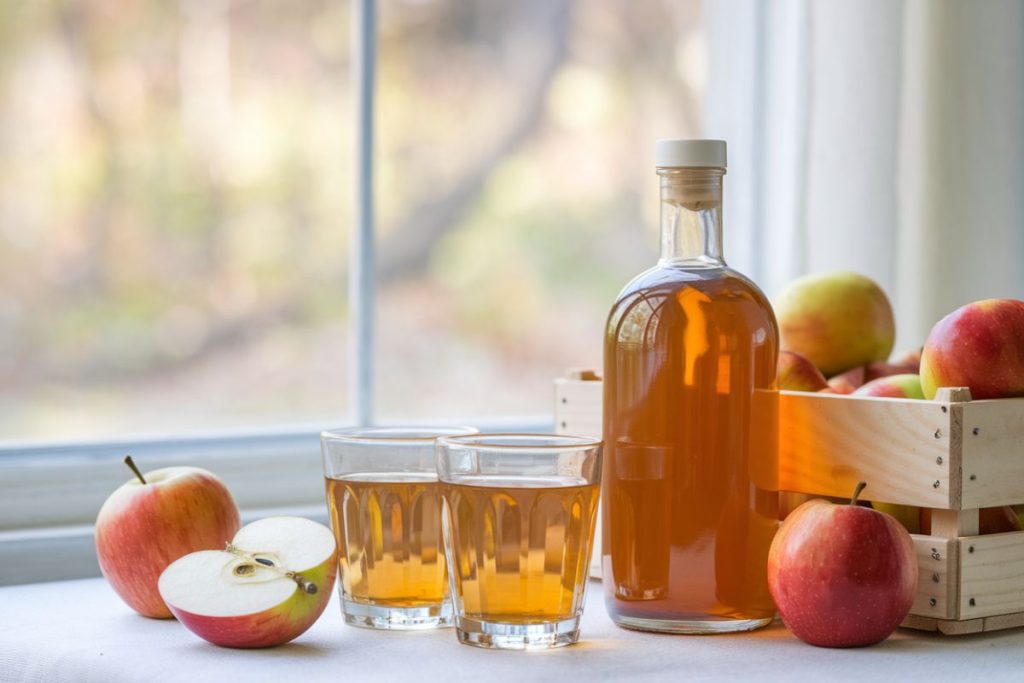 Glasflasker og glas med æblecidereddike på et bord, omgivet af friske æbler.