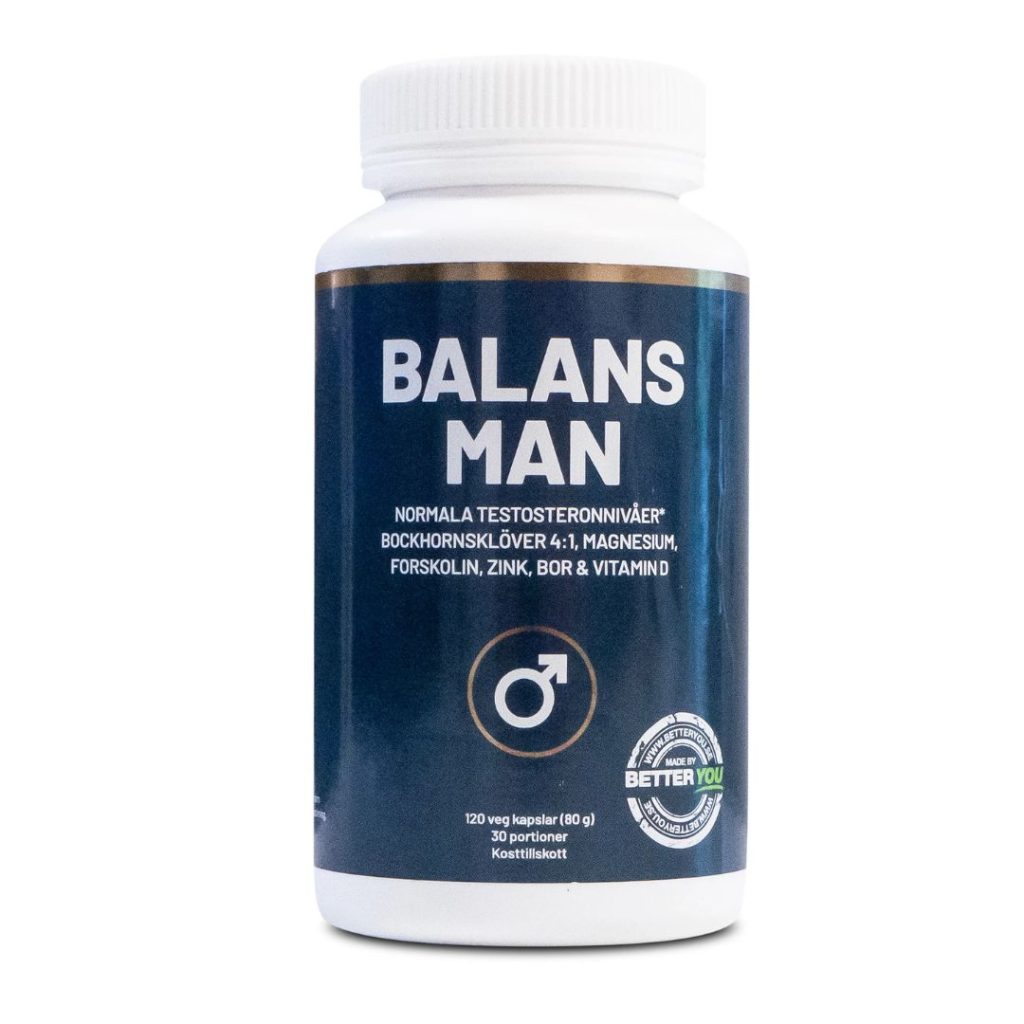 Better You Balans Man kosttilskud med mørk blå etiket og fokus på testosteronbalance.