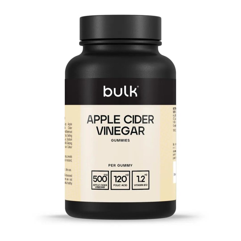 Bulk Apple Cider Vinegar Gummies i en sort beholder med information om ingredienser og næringsindhold.