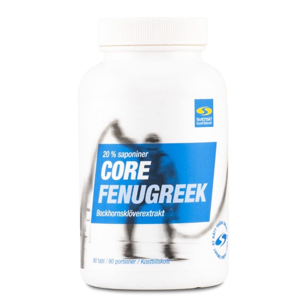 Core Fenugreek kosttilskud i hvid beholder med blå etiket og information om saponiner.