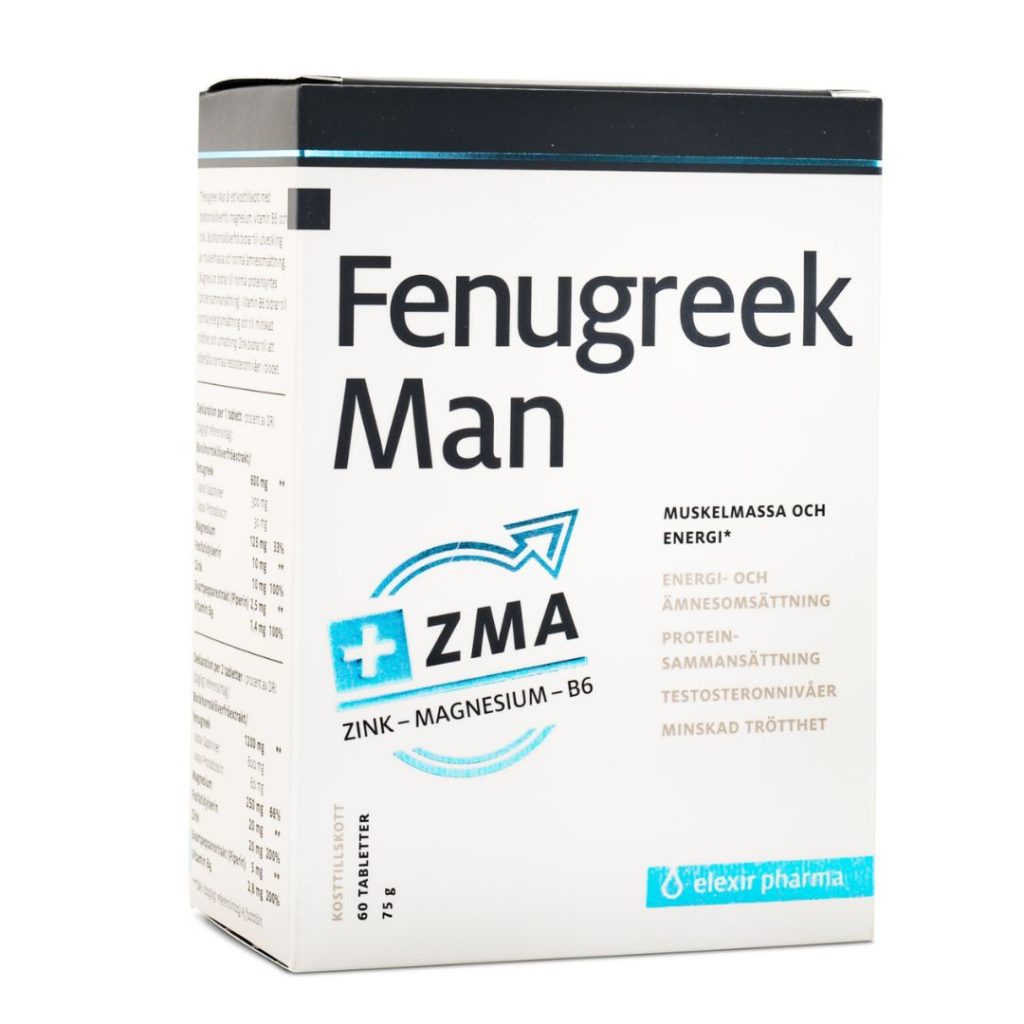 Elexir Pharma Fenugreek Man med blå og hvid emballage, indeholdende ZMA-formel.