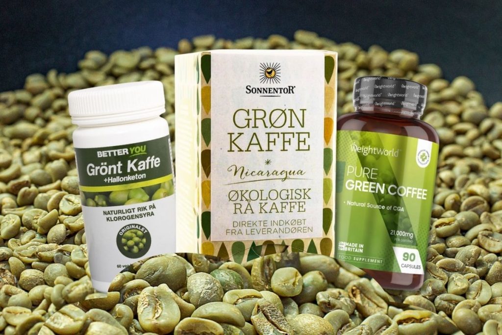 Flasker og pakker med grøn kaffe kosttilskud på en baggrund af grønne kaffebønner.
