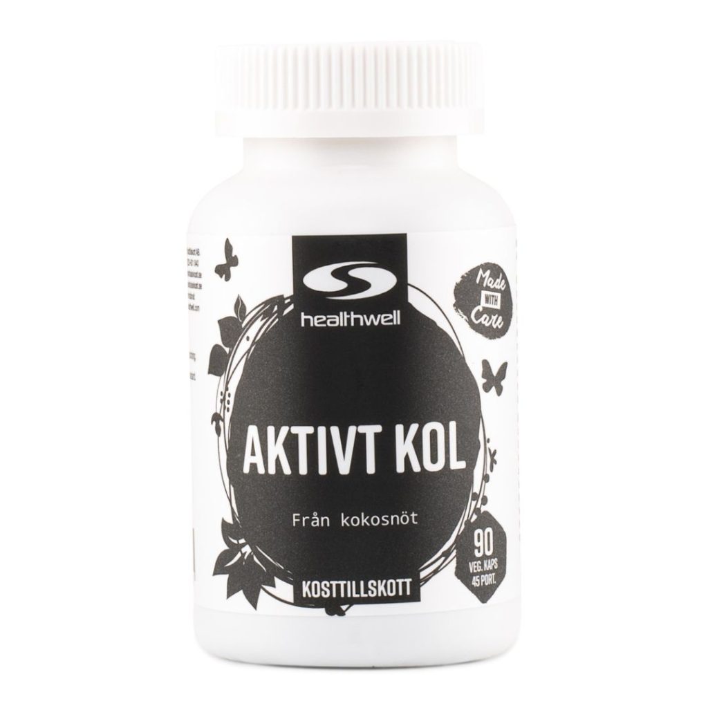 Healthwell Aktivt Kul kapsler i en hvid beholder med 90 kapsler fra kokosnøddeskaller.